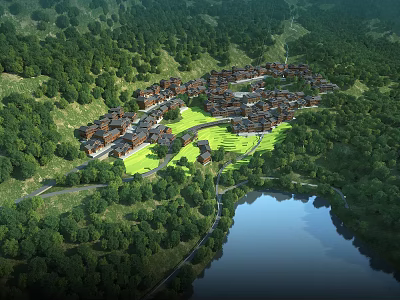 Ancient Architecture Village Surrounded by Lush Green Forests and River in Mountain Scenery 3d model