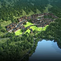 Ancient Architecture Village Surrounded by Lush Green Forests and River in Mountain Scenery