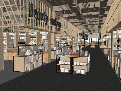 Bright Department Store Interior With Open Layout Wooden Shelves And Products 3d model