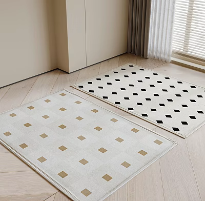 Square Rugs With Beige Base And Gold Black Square Patterns For Interior Wooden Floor 3d model