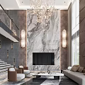 Modern Duplex Living Room Interior With Marble Staircase Sofa And Chandelier