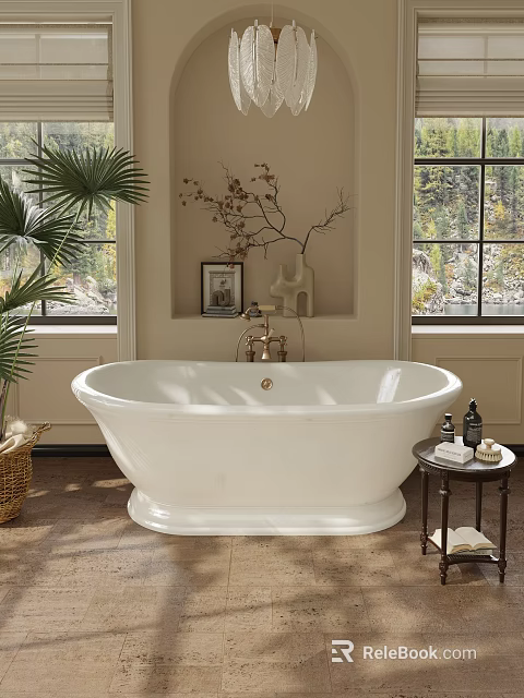 Vintage White Freestanding Bathtub With Plants Window Small Table And Bath Products 3d model 