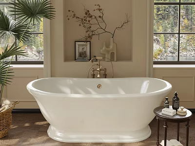 Vintage White Freestanding Bathtub With Plants Window Small Table And Bath Products 3d model