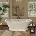 Vintage White Freestanding Bathtub With Plants Window Small Table And Bath Products
