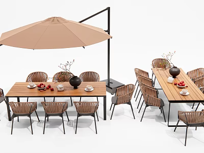 Modern Outdoor Wooden Table with Wicker Chairs and Patio Umbrella for Garden Dining 3d model