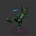 Black Cartoon Cat Like Robot With Glowing Blue Elements Kicking Frisbee On Gray Background 3d model