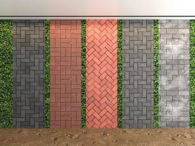 Colored Paving Bricks In Herringbone Pattern With Green Plant Borders On Sand 3d model