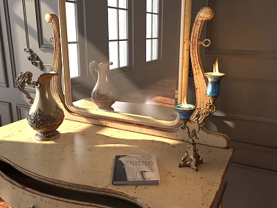 Decorative Ornament Set on Table with Gold Frame Mirror Silver Vase Candle Holder and Book 3d model