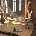 Decorative Ornament Set on Table with Gold Frame Mirror Silver Vase Candle Holder and Book