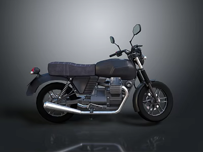 Black Vintage Motorcycle With Leather Seat Chrome Exhaust And Side Mirrors On Minimalist Gray Background 3d model