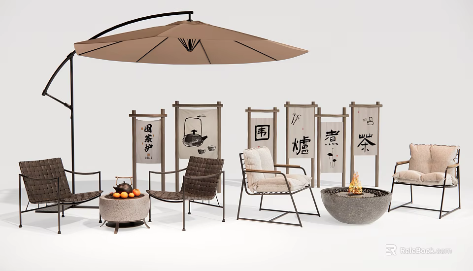 Outdoor Patio Chairs with Umbrella Decorative Screens Fire Pit and Fruit Basket Setup 3d model 