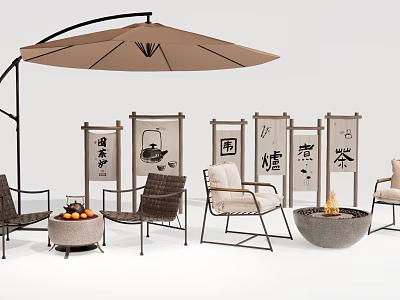 Outdoor Patio Chairs with Umbrella Decorative Screens Fire Pit and Fruit Basket Setup 3d model