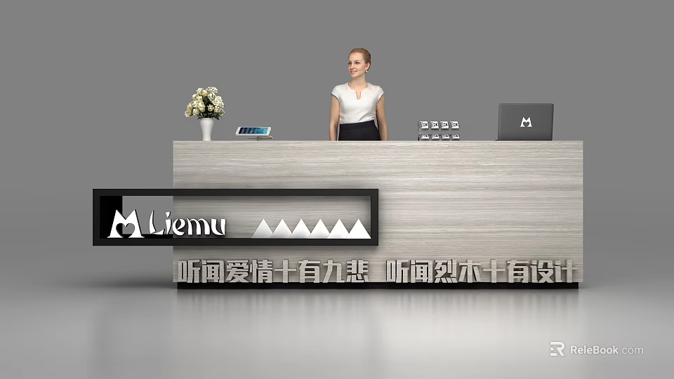 Light Wooden Reception Desk With Flower Vase Tablet Laptop And Liemu Sign With Receptionist 3d model 