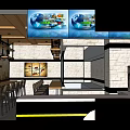 Restaurant Interior With Brick Wall Decorative Painting High Chairs Wooden Bar Counter And Ceiling Lights