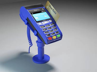 Business Equipment Blue POS Payment Terminal With Visa Card Inserted 3d model