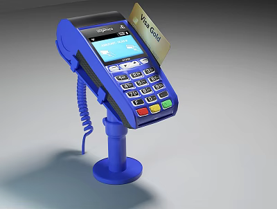 Business Equipment Blue POS Payment Terminal With Visa Card Inserted 3d model