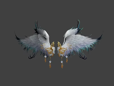 Elegant White Feather Wings With Golden Decorations And Beaded Tassels 3d model