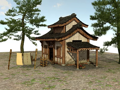 Traditional Rustic Wooden Cottage With Sloped Roof Trees And Wooden Racks 3d model