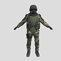 Military Protective Character in Camouflage Uniform With Helmet Gas Mask and Green Body Armor