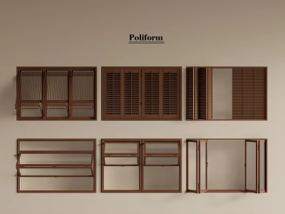 Wooden Casement Windows Various Designs With Grilles Louvers Open Closed On Platform 3d model