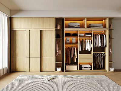 Modern Natural Wood Wardrobe With Sliding Doors And Spacious Open Illuminated Clothing Storage For Bedroom 3d model