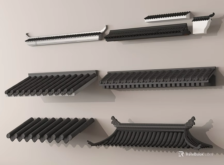 Traditional Chinese Architectural Roof Components With Black Tile Eave And Classic Designs 3d model 