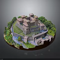 Detailed Castle Model Architecture With Towers Walls Green Trees And Garden