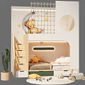 Cozy Children's Bunk Bed With Stairs Round Window Play Net And Toys