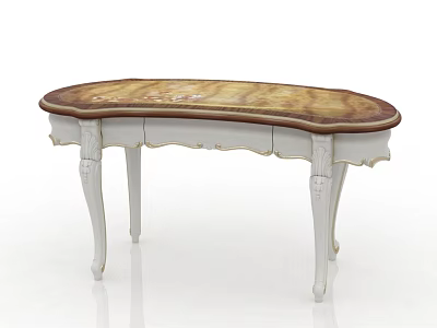 Elegant Oval Desk With Brown Patterned Top And White Carved Legs 3d model