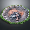 Circular Outdoor Fire Pit Area With Stone Border Wood Logs And Grass 3d model
