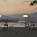 Outdoor Tables on Wooden Deck with Sunset Mountains Lake Chairs Floor Lamps and Palm Leaves