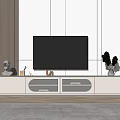White Modern TV Stand with Black TV Decorative Figurine and Green Plants in Living Room