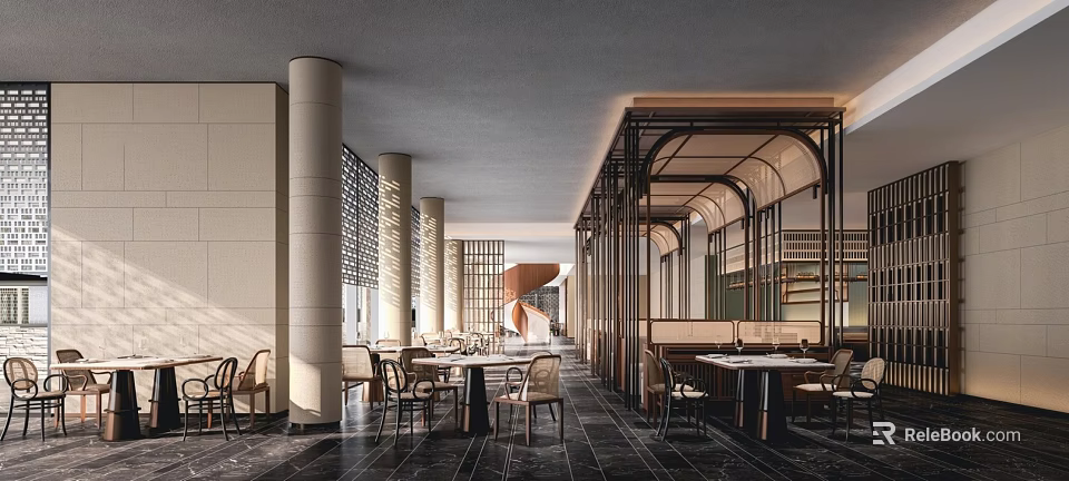 Elegant Restaurant Interior With Columns Tables Chairs And Dark Flooring 3d model