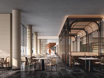 Elegant Restaurant Interior With Columns Tables Chairs And Dark Flooring 3d model