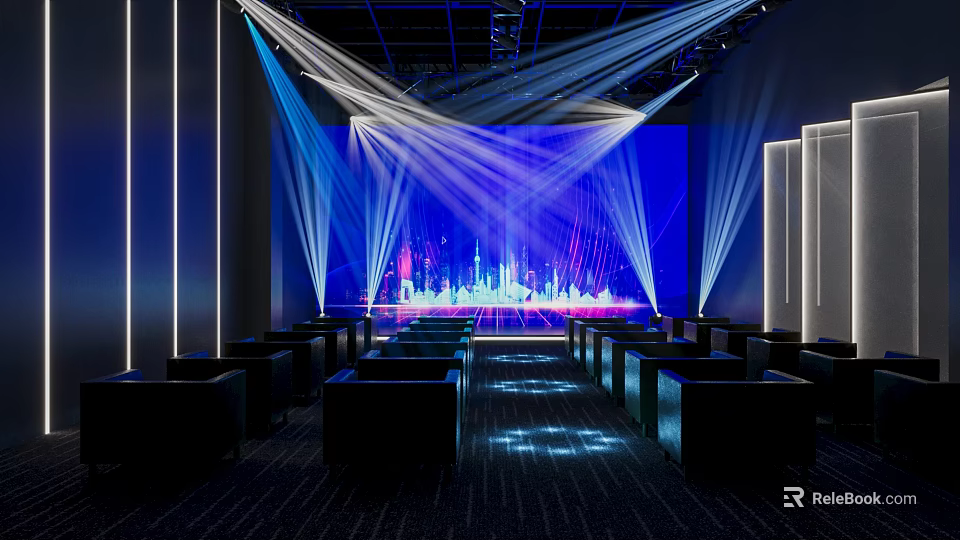 Modern Cinema Interior With Comfortable Seats Large Screen And Lighting Effects 3d model