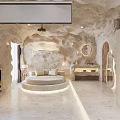 Modern Bedroom Interior With Rock Walls Fireplace Bathtub And Violin Decor