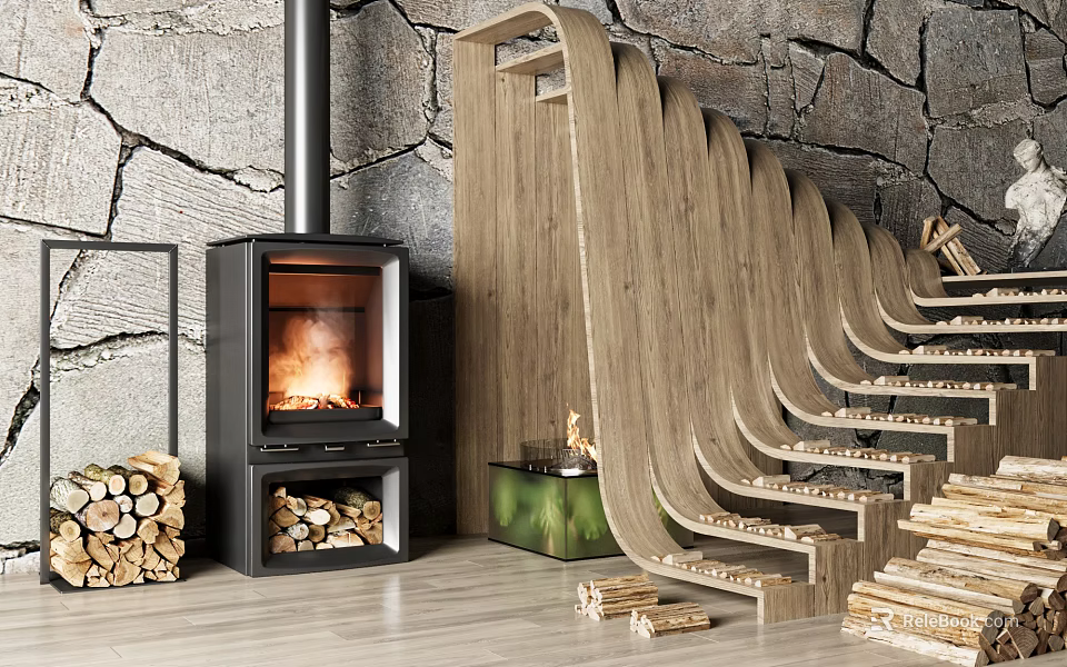 Modern Fireplace Interior With Stone Wall Wooden Stairs And Stacked Firewood 3d model 