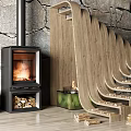 Modern Fireplace Interior With Stone Wall Wooden Stairs And Stacked Firewood