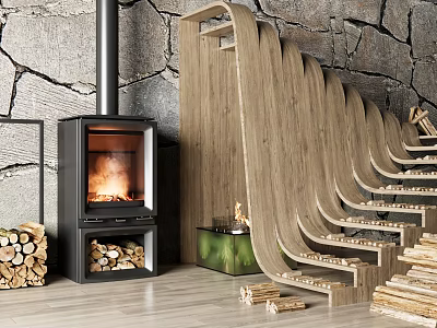 Modern Fireplace Interior With Stone Wall Wooden Stairs And Stacked Firewood 3d model