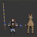 Character In Armor With Blue And Yellow Striped Spear Standing Next To Brown Horse