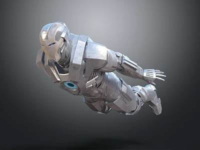Silver Mechanical Robot Character Flying In 3D Render With Metallic Armor And Blue Core 3d model