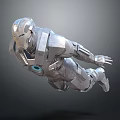 Silver Mechanical Robot Character Flying In 3D Render With Metallic Armor And Blue Core 3d model