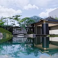Rockery Stones in Traditional Garden Landscape with Pond Pavilion Trees and Sky Reflection