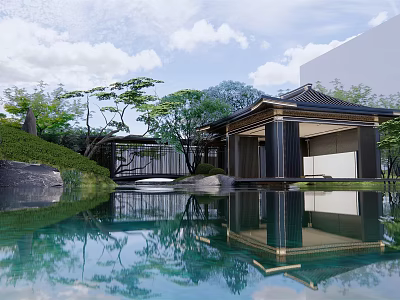 Rockery Stones in Traditional Garden Landscape with Pond Pavilion Trees and Sky Reflection 3d model