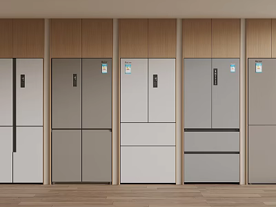 Modern Refrigerators And Freezers With Various Designs Display In Wooden Paneled Showroom Space 3d model
