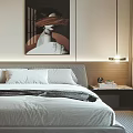 Modern Bedroom Interior with Large Bed Decorative Painting Pendant Light Side Tables and Window Curtains