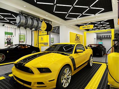 4S Shop Sports Car Display With Checkered Floor And Geometric Ceiling Design 3d model