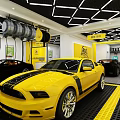 4S Shop Sports Car Display With Checkered Floor And Geometric Ceiling Design