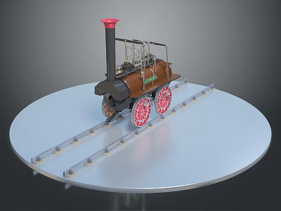 Steam Train With Red Chimney Brown Body Red Wheels On Circular Platform Rail Tracks 3d model