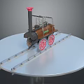 Steam Train With Red Chimney Brown Body Red Wheels On Circular Platform Rail Tracks